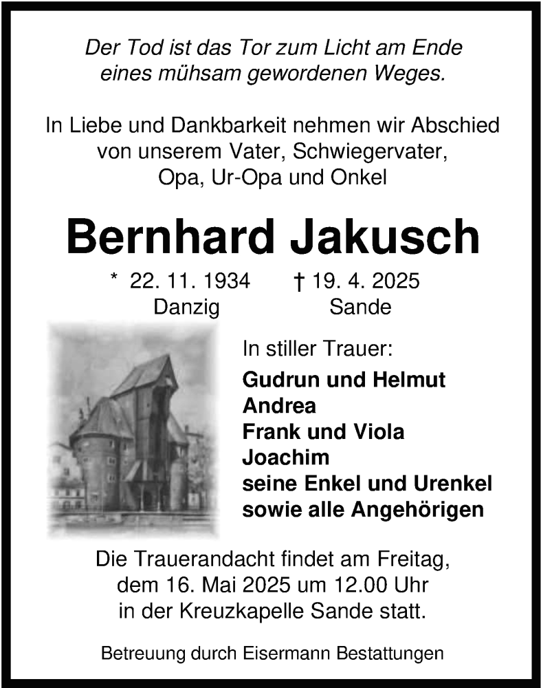  Traueranzeige für Bernhard Jakusch vom 10.05.2025 aus WZ/JW/AH