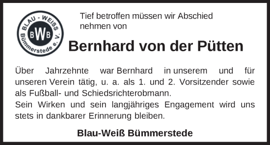 Traueranzeige von Bernhard von der Pütten von Nordwest-Zeitung