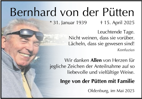 Traueranzeige von Bernhard von der Pütten von Nordwest-Zeitung
