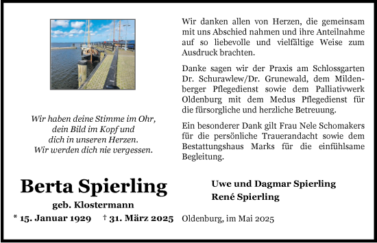 Traueranzeige von Berta Spierling von Nordwest-Zeitung