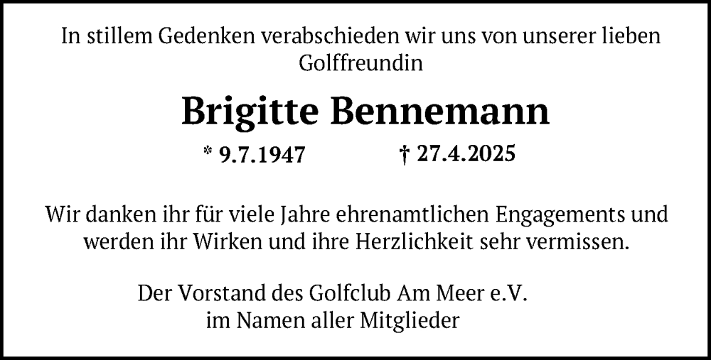  Traueranzeige für Brigitte Bennemann vom 06.05.2025 aus Nordwest-Zeitung