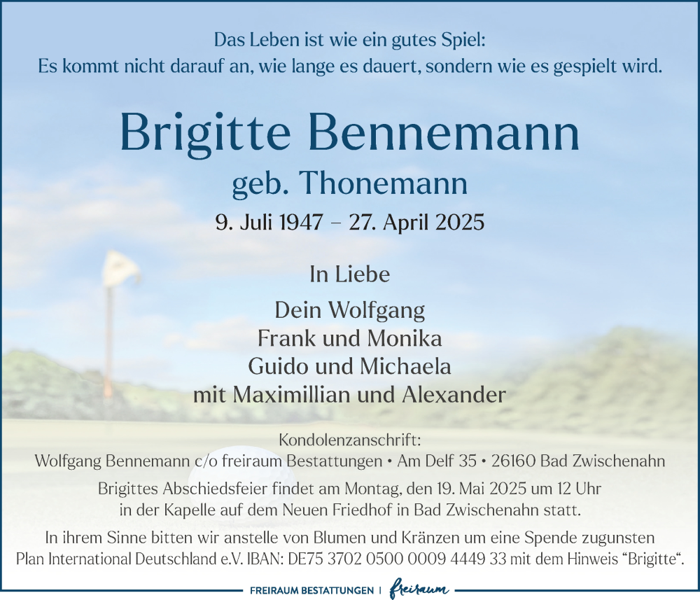  Traueranzeige für Brigitte Bennemann vom 03.05.2025 aus Nordwest-Zeitung