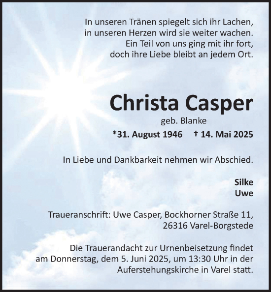 Traueranzeige von Christa Casper von Nordwest-Zeitung