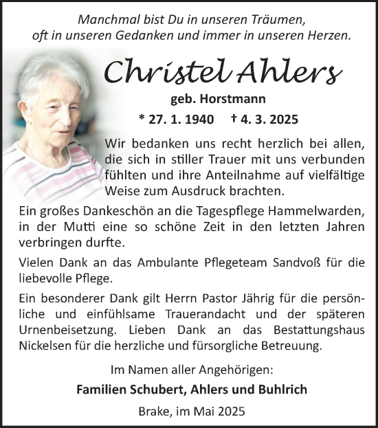 Traueranzeige von Christel Ahlers von Nordwest-Zeitung