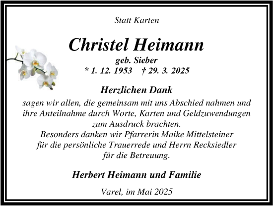 Traueranzeige von Christel Heimann von Nordwest-Zeitung
