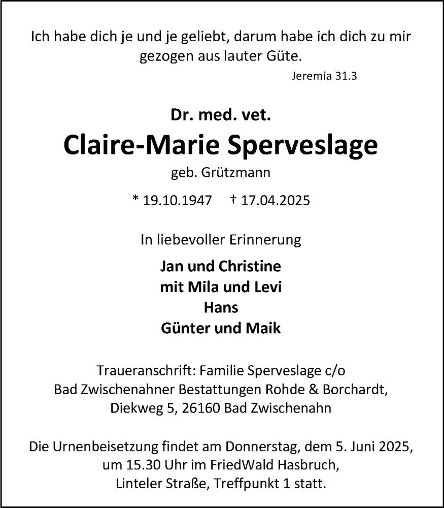  Traueranzeige für Claire-Marie Sperveslage vom 03.05.2025 aus Nordwest-Zeitung