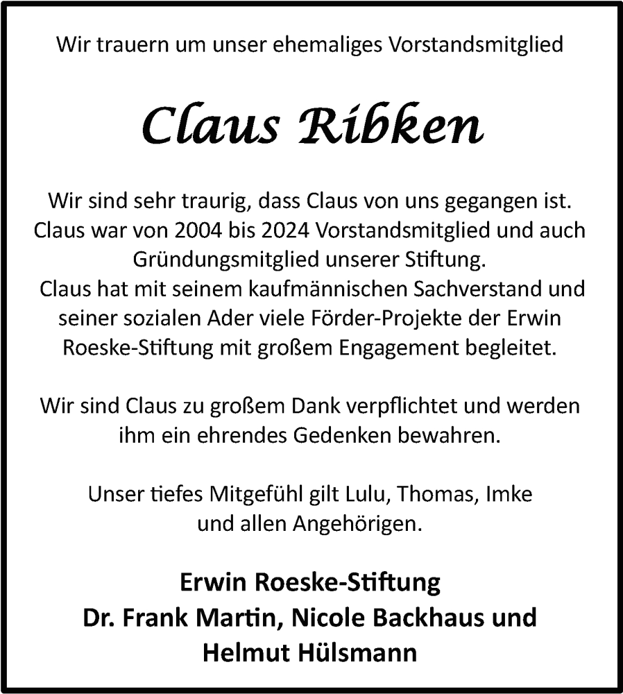  Traueranzeige für Claus Ribken vom 24.05.2025 aus Nordwest-Zeitung