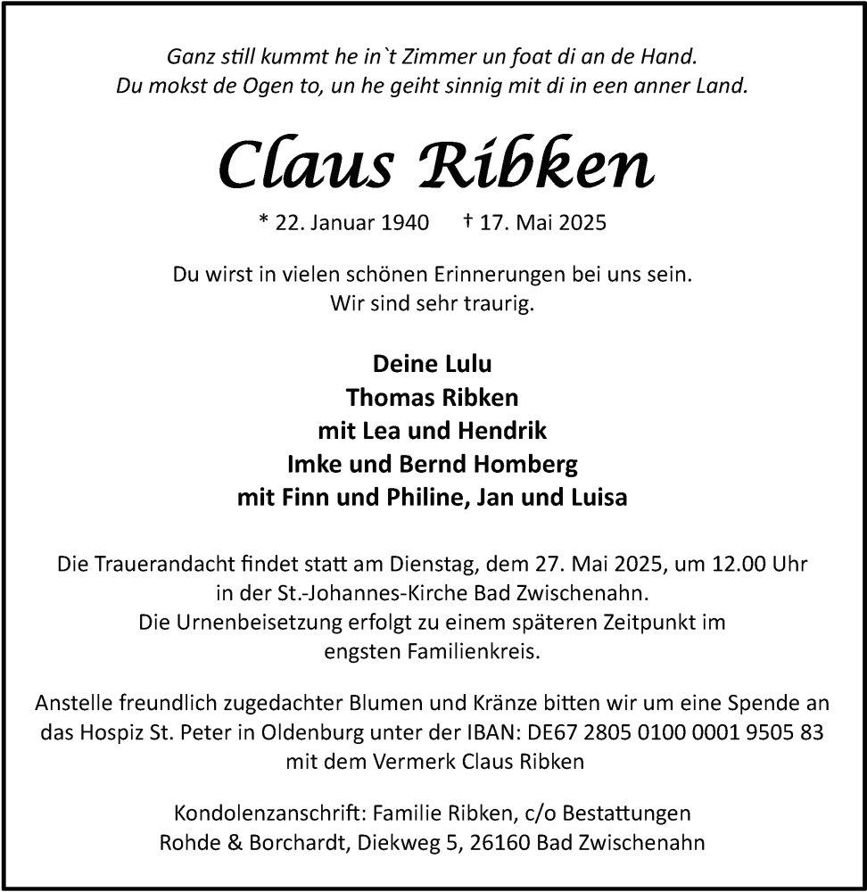  Traueranzeige für Claus Ribken vom 24.05.2025 aus Nordwest-Zeitung