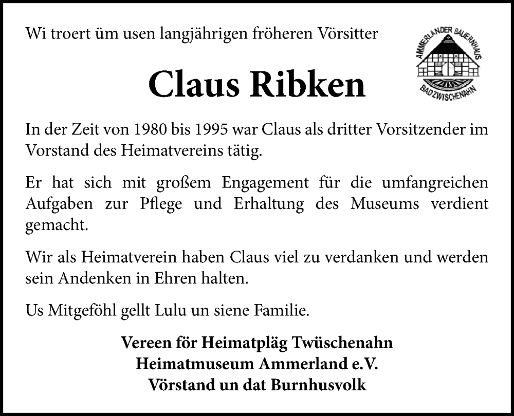  Traueranzeige für Claus Ribken vom 27.05.2025 aus Nordwest-Zeitung