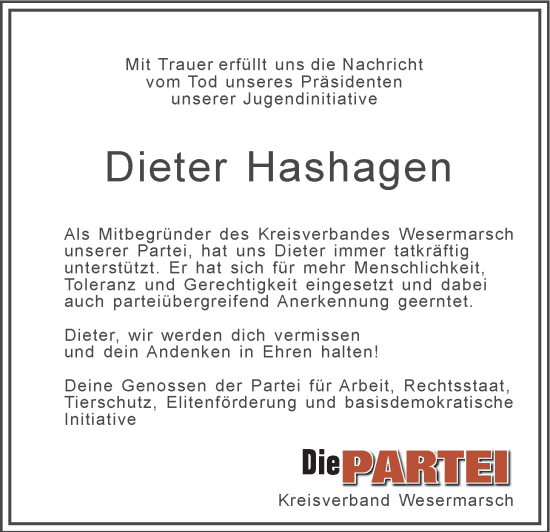 Traueranzeige von Dieter Hashagen von Nordwest-Zeitung