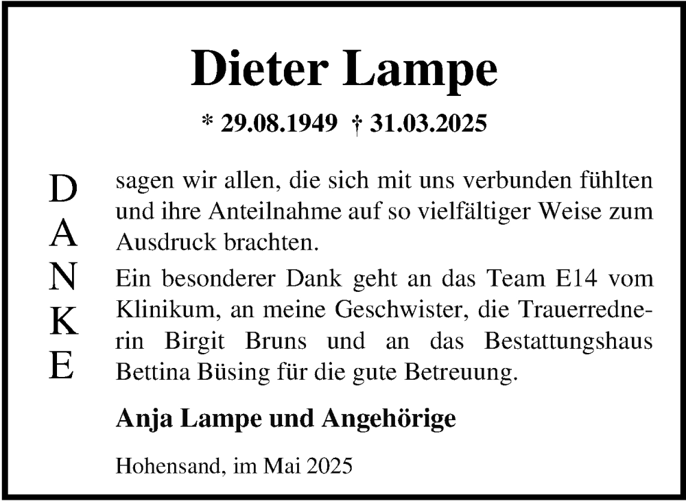  Traueranzeige für Dieter Lampe vom 10.05.2025 aus Nordwest-Zeitung
