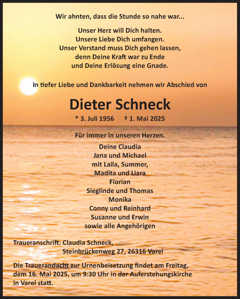  Traueranzeige für Dieter Schneck vom 10.05.2025 aus Nordwest-Zeitung