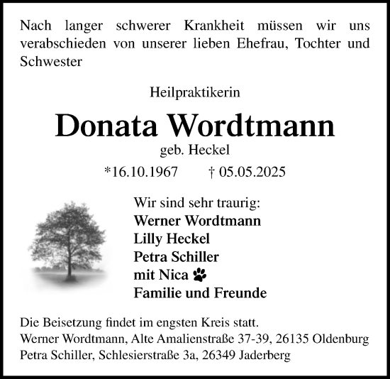 Traueranzeige von Donata Wordtmann von Nordwest-Zeitung