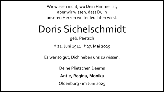 Traueranzeige von Doris Sichelschmidt von Nordwest-Zeitung