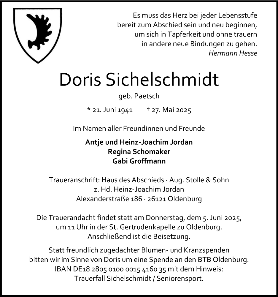  Traueranzeige für Doris Sichelschmidt vom 31.05.2025 aus Nordwest-Zeitung