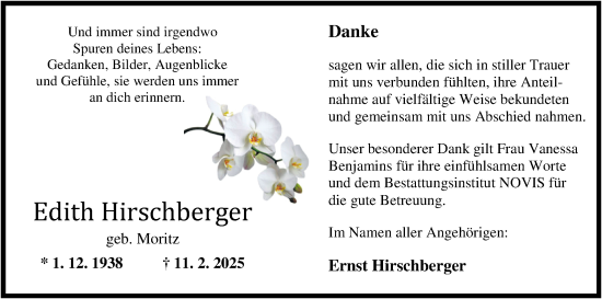 Traueranzeige von Edith Hirschberger von WZ/JW/AH