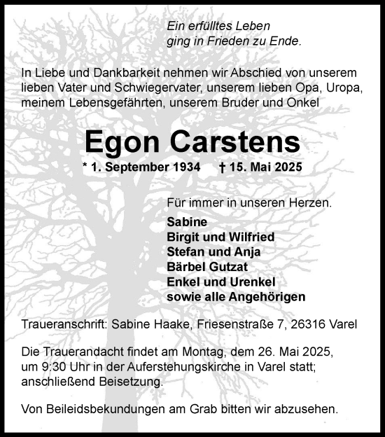 Traueranzeige von Egon Carstens von Nordwest-Zeitung