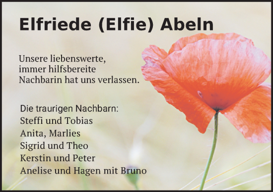 Traueranzeige von Elfriede Abeln von Nordwest-Zeitung