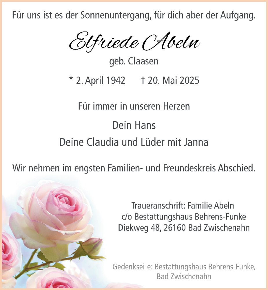  Traueranzeige für Elfriede Abeln vom 24.05.2025 aus Nordwest-Zeitung