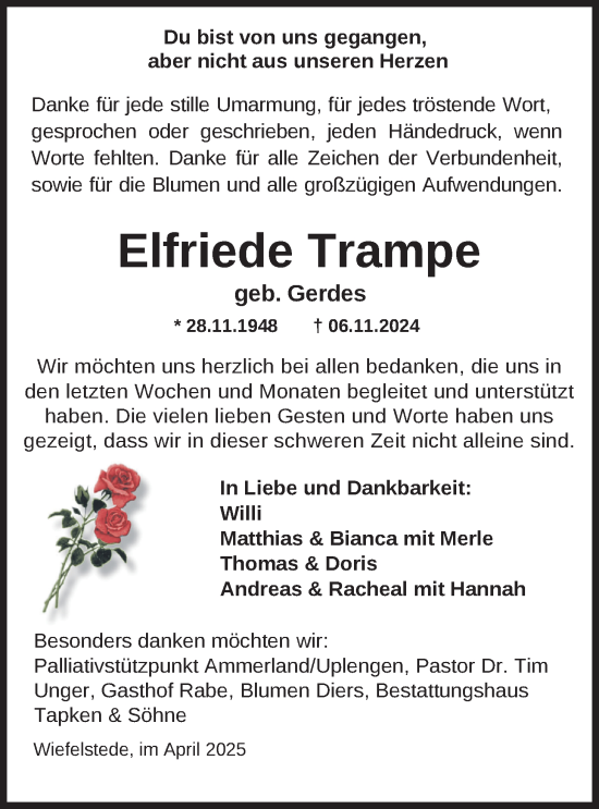 Traueranzeige von Elfriede Trampe von Nordwest-Zeitung