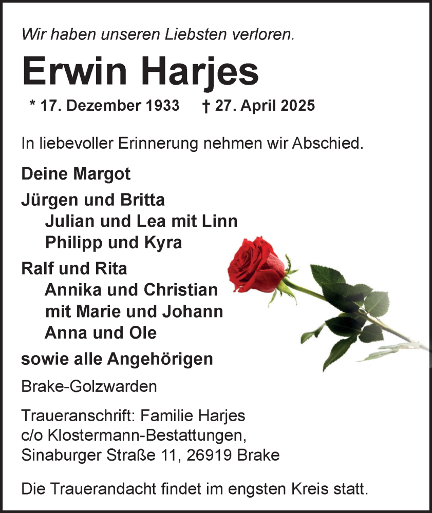  Traueranzeige für Erwin Harjes vom 03.05.2025 aus Nordwest-Zeitung