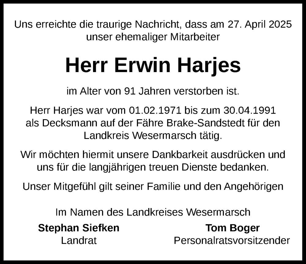  Traueranzeige für Erwin Harjes vom 03.05.2025 aus Nordwest-Zeitung
