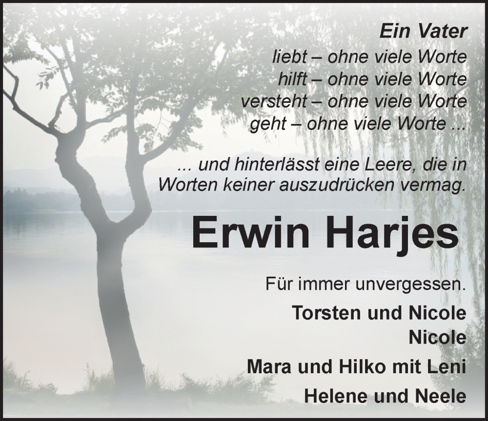  Traueranzeige für Erwin Harjes vom 03.05.2025 aus Nordwest-Zeitung