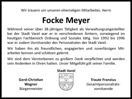 Traueranzeige von Focke Meyer von Nordwest-Zeitung