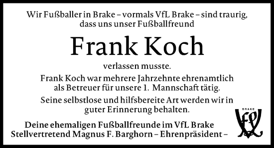 Traueranzeige von Frank Koch von Nordwest-Zeitung
