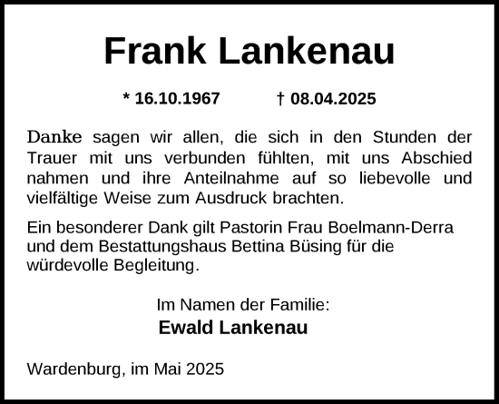 Traueranzeige von Frank Lankenau von Nordwest-Zeitung