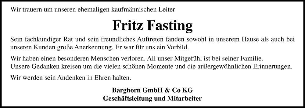  Traueranzeige für Fritz Fasting vom 17.05.2025 aus Nordwest-Zeitung
