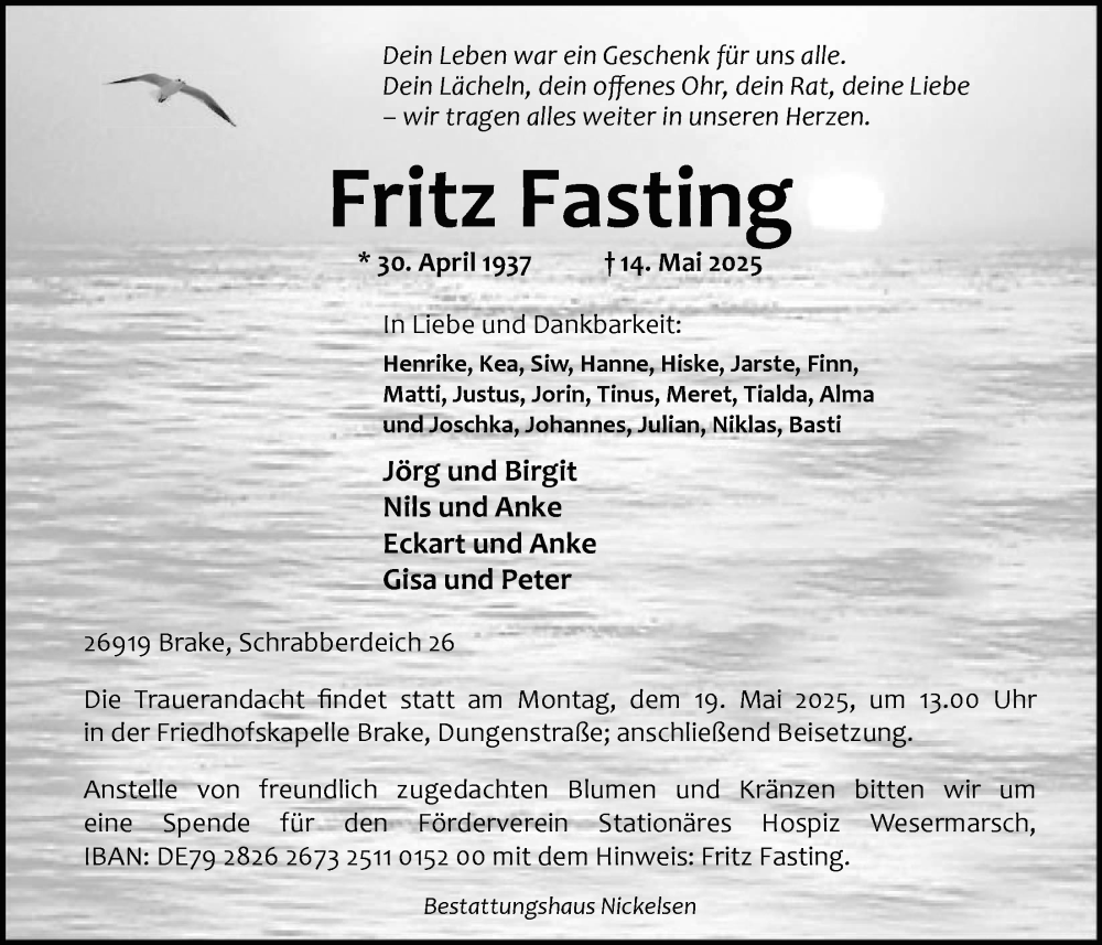  Traueranzeige für Fritz Fasting vom 16.05.2025 aus Nordwest-Zeitung