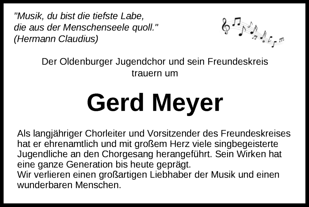  Traueranzeige für Gerd Meyer vom 31.05.2025 aus Nordwest-Zeitung