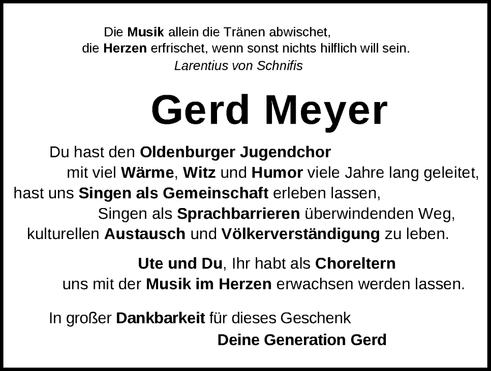  Traueranzeige für Gerd Meyer vom 31.05.2025 aus Nordwest-Zeitung