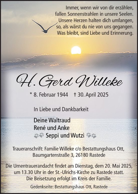 Traueranzeige von Gerd Willeke von Nordwest-Zeitung