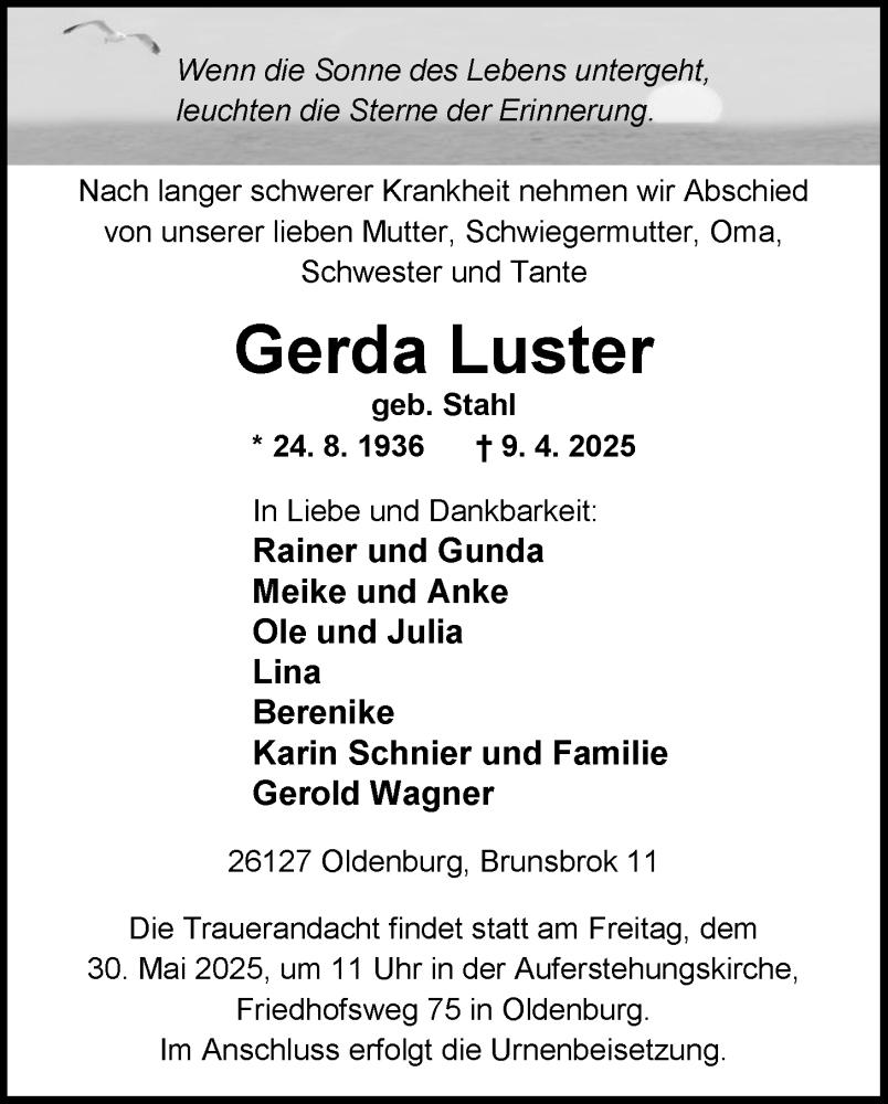  Traueranzeige für Gerda Luster vom 10.05.2025 aus Nordwest-Zeitung