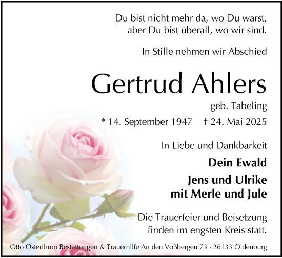 Traueranzeige von Gertrud Ahlers von Nordwest-Zeitung