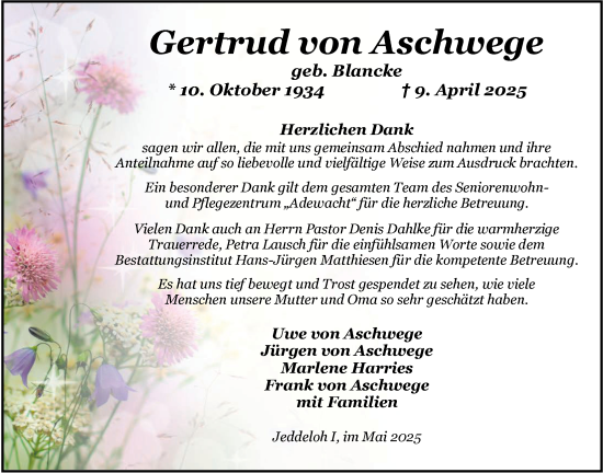 Traueranzeige von Gertrud von Aschwege von Nordwest-Zeitung