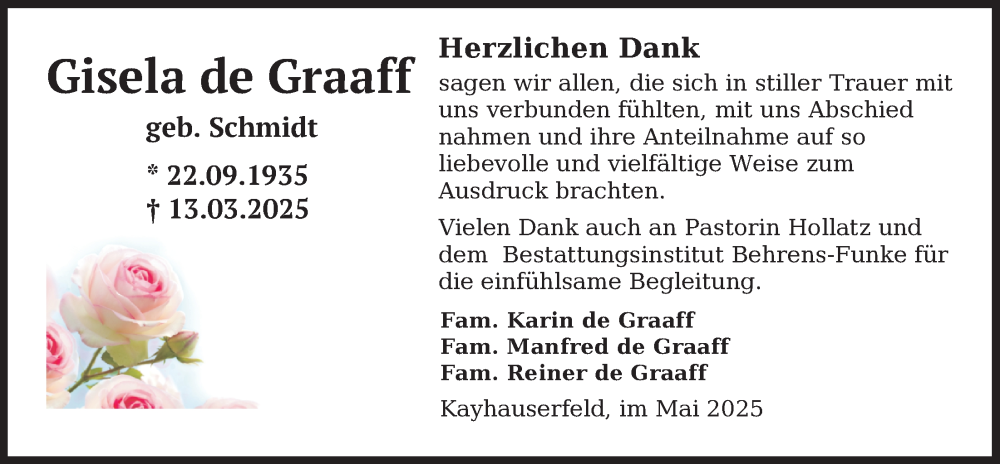  Traueranzeige für Gisela de Graaff vom 03.05.2025 aus Nordwest-Zeitung