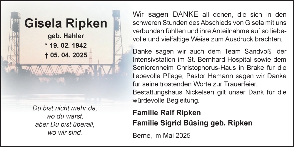  Traueranzeige für Gisela Ripken vom 28.05.2025 aus Nordwest-Zeitung