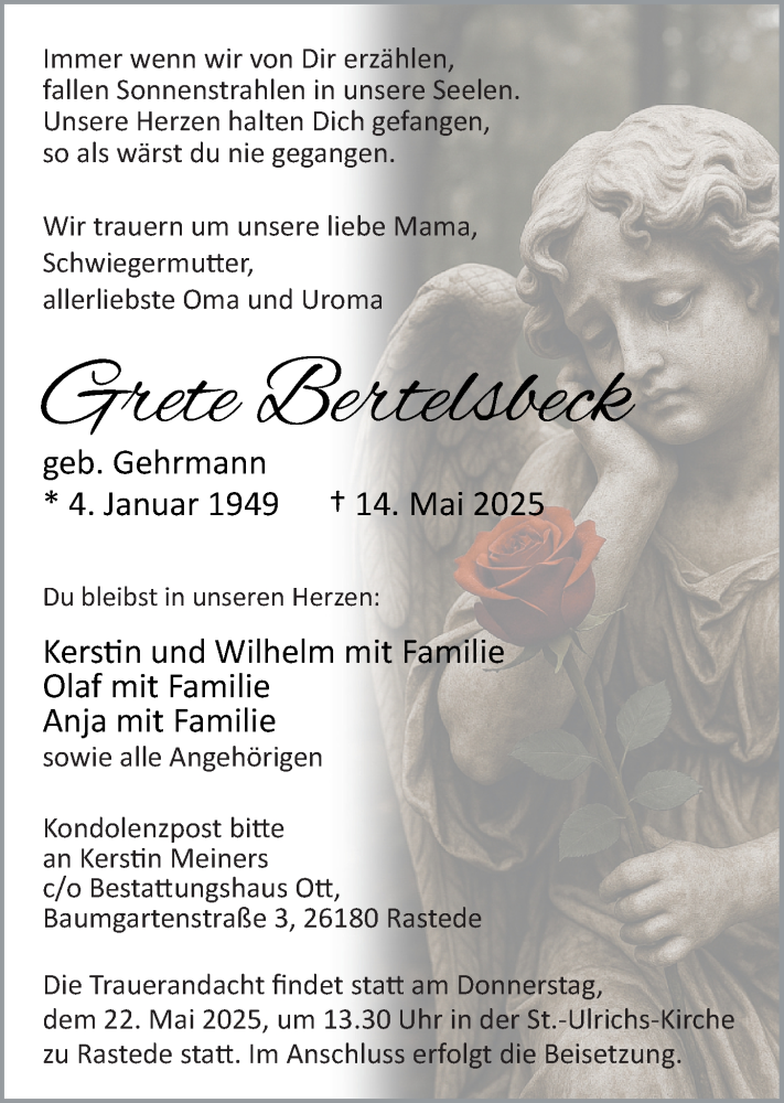  Traueranzeige für Grete Bertelsbeck vom 17.05.2025 aus Nordwest-Zeitung