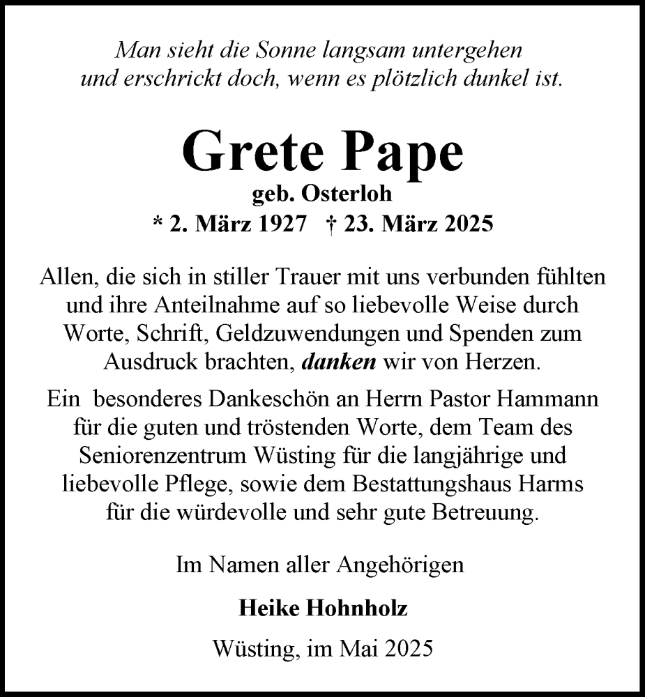  Traueranzeige für Grete Pape vom 17.05.2025 aus Nordwest-Zeitung