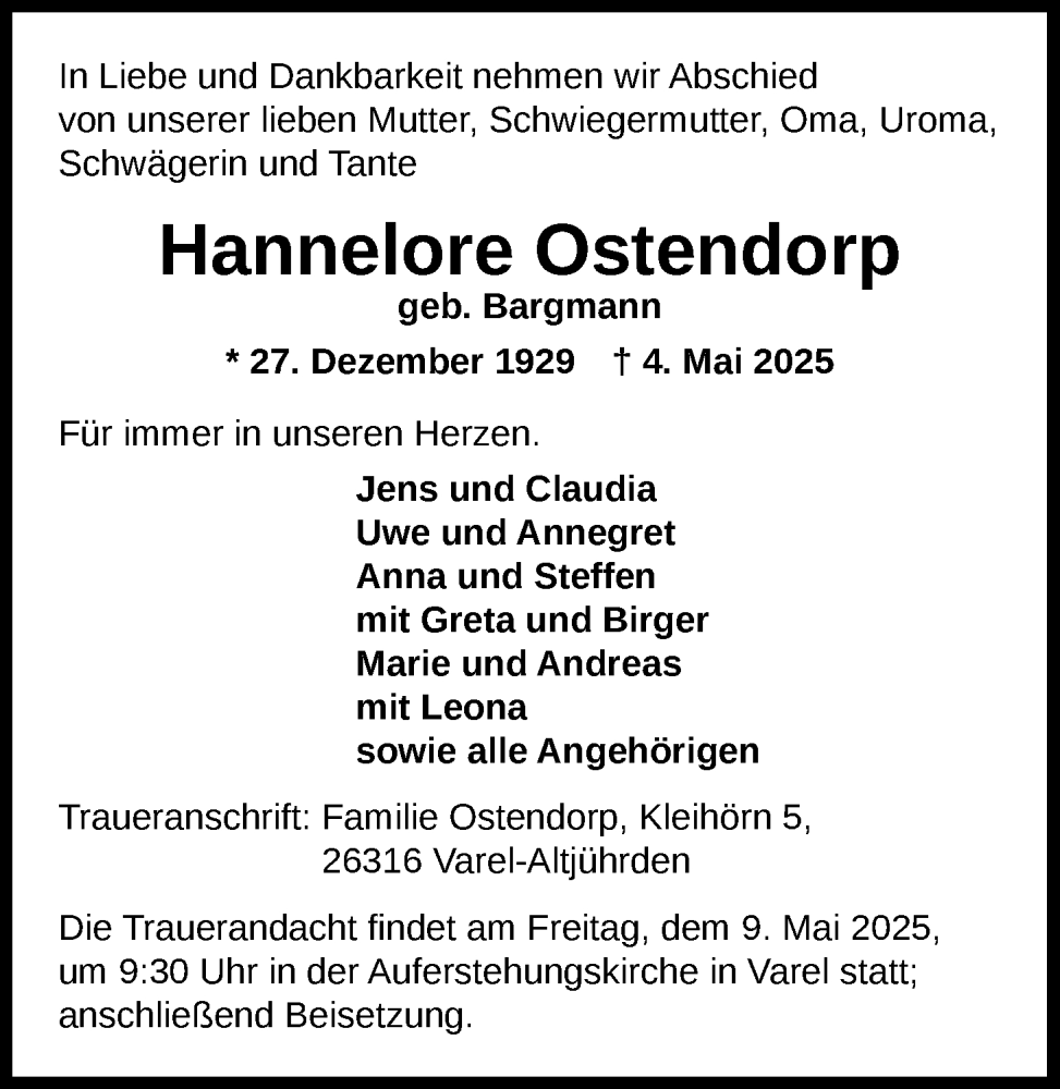  Traueranzeige für Hannelore Ostendorp vom 06.05.2025 aus Nordwest-Zeitung