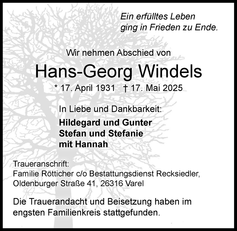  Traueranzeige für Hans-Georg Windels vom 27.05.2025 aus Nordwest-Zeitung