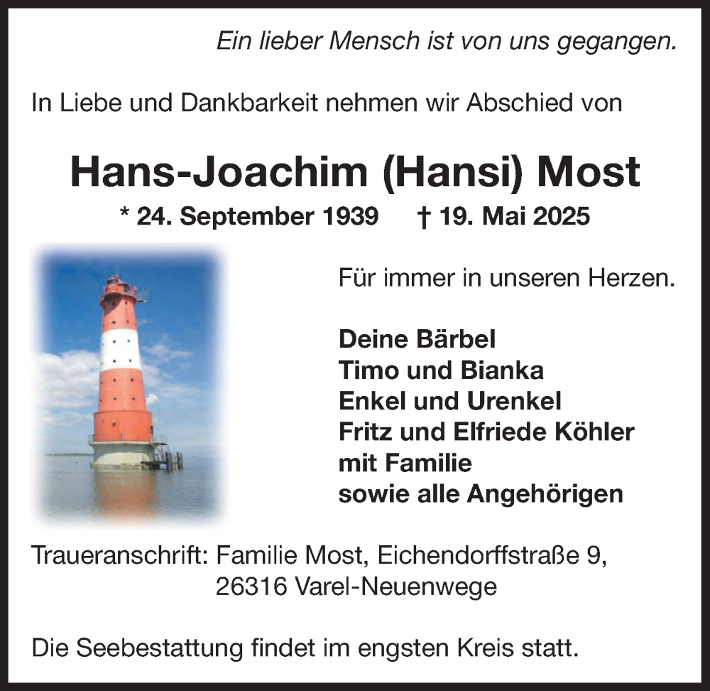  Traueranzeige für Hans-Joachim Most vom 23.05.2025 aus Nordwest-Zeitung