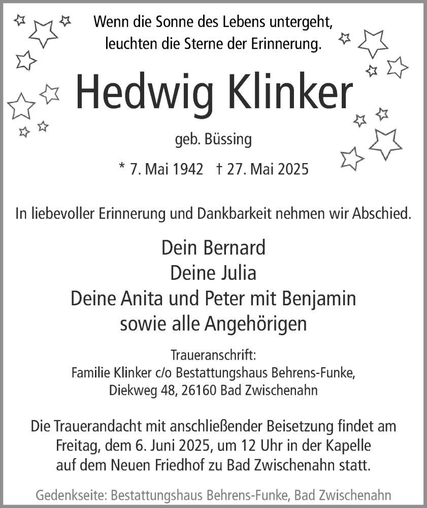  Traueranzeige für Hedwig Klinker vom 31.05.2025 aus Nordwest-Zeitung