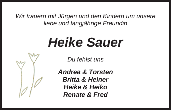 Traueranzeige von Heike Sauer von Nordwest-Zeitung