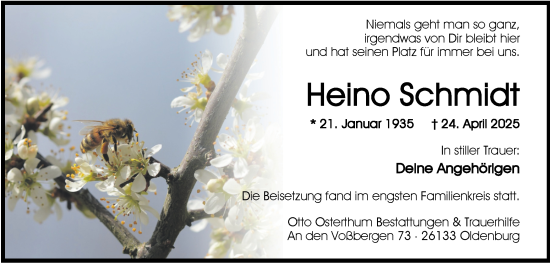 Traueranzeige von Heino Schmidt von Nordwest-Zeitung