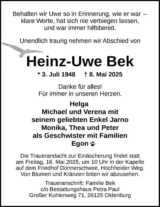 Traueranzeige von Heinz-Uwe Bek von Nordwest-Zeitung