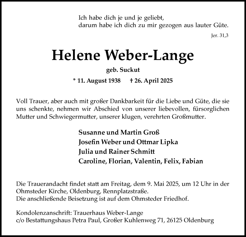  Traueranzeige für Helene Weber-Lange vom 03.05.2025 aus Nordwest-Zeitung